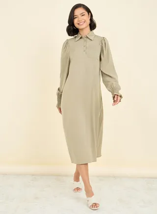 Pocket Detail Collared Woven Shift Midi Dress 