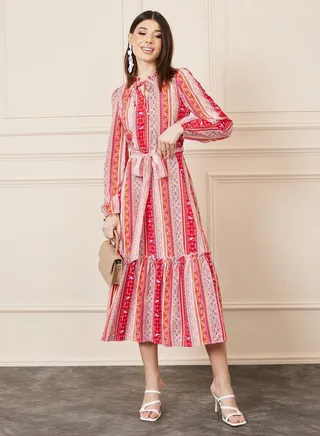 Bohemian Print Tie Up Neck A-Line Midi Dress with Self Tie Up