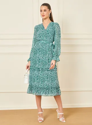 Printed Tiered Midi Dress with Long Sleeves 