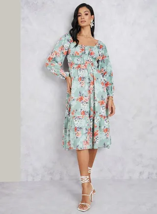 Floral Printed Tiered Midi Dress 