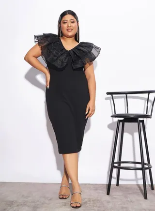 Plus Organza Frill Detail Bodycon Midi Dress 