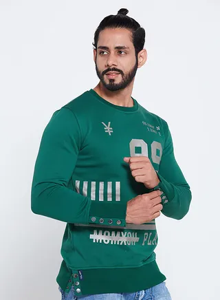 Printed Long Sleeve Side Button Sweatshirt Green 