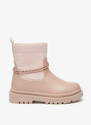 Girls Chain Accented Ankle Boots with Zip Closure 