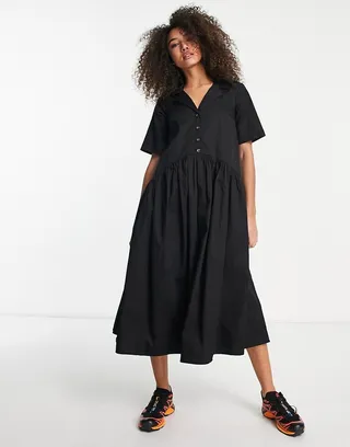ASOS DESIGN twill collared button midi smock dress in black