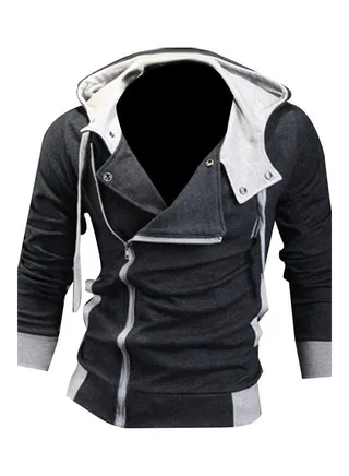 Men Side Zipper Slim Fit Drawstring Long Sleeve Sweatshirt Hooded Jacket Coat Dark Gray 