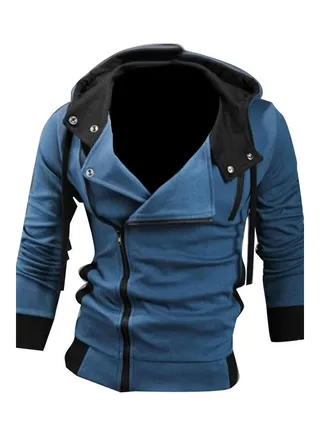 Men Side Zipper Slim Fit Drawstring Long Sleeve Sweatshirt Hooded Jacket Coat Blue 