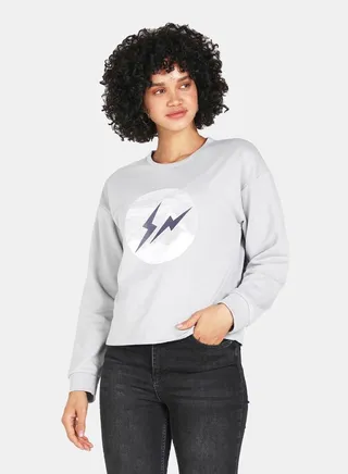 Graphic Print Round Neck Crop Sweatshirt Grey 