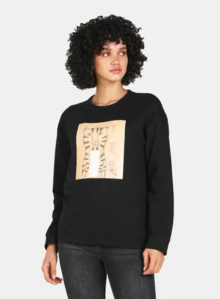 Tiger Printed Casual Crew Neck Sweatshirt Black 