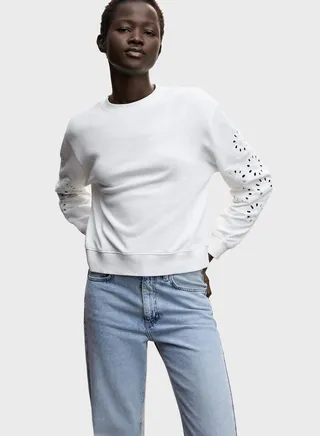 Openwork Sleeve Round Neck Sweatshirt 