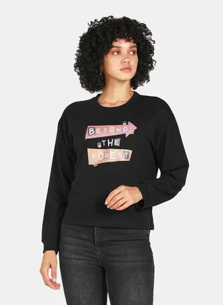 Beyond The Forest Print Crop Sweatshirt Black 