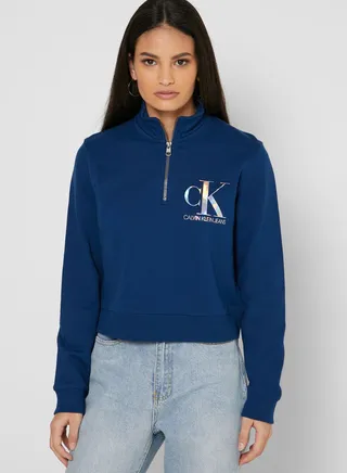 High Neck Logo Sweatshirt Blue 