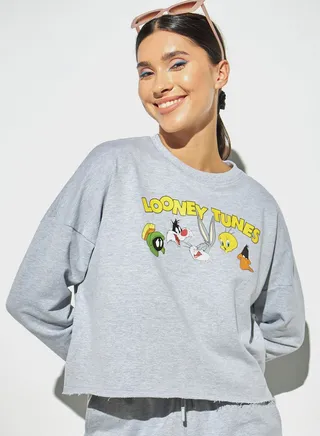 Printed Crew Neck Crop Sweatshirt 