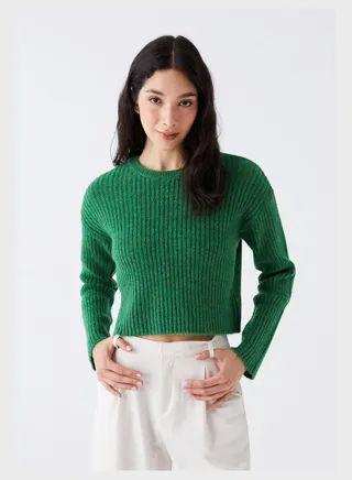Ribbed Crew Neck Crop Sweatshirt 