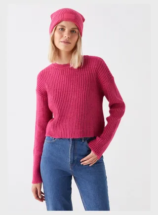 Ribbed Crew Neck Crop Sweatshirt 