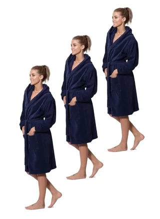 3 Pieces Navy Blue Color Terry Weave Bathrobe Small size 100% Cotton 