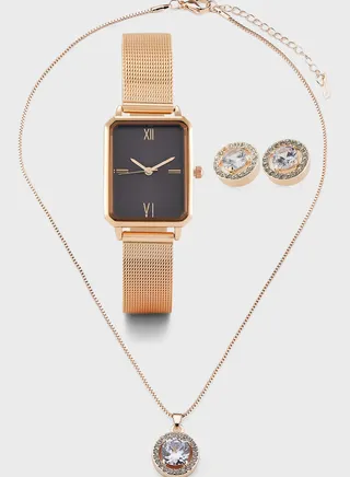 Rectangular Chain Strap Watch, Earrings And Necklace Gift Set