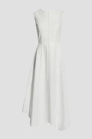 Asymmetric mesh-trimmed poplin midi dress