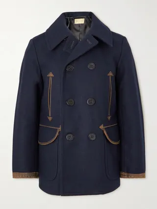 Oakland Double-Breasted Leather-Trimmed Wool-Blend Coat