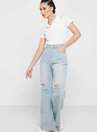 Classic Mom Jeans With Distress 