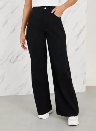 Solid High Rise Wide Leg Jeans