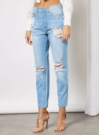 Distressed Detail Slim Fit Jeans Stonewash 