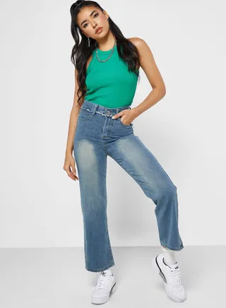 Raw Waistband Detail Jeans