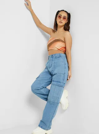 High Waist Flap Detail Jeans 