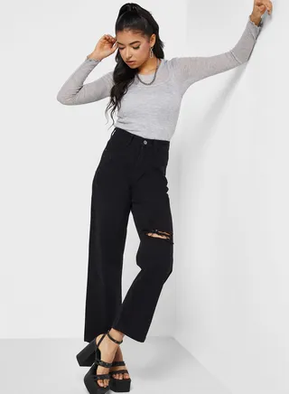 Straight Fit Mom Jeans With Distress