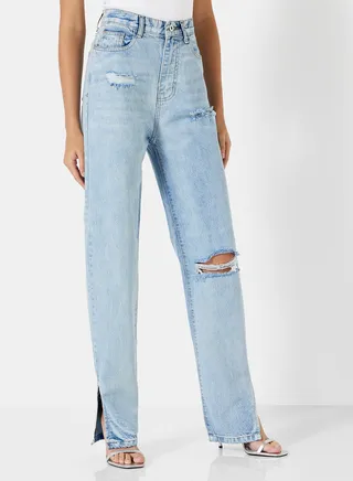 Distressed Detail Straight Fit Jeans Blue 