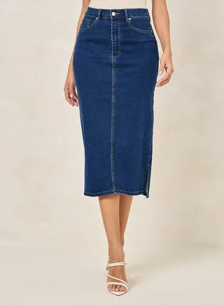 Straight Fit Denim Skirt with Side Slit 