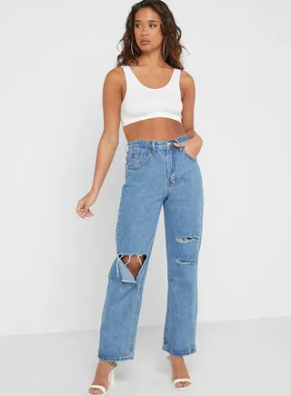 Straight Fit Jeans With Distress 