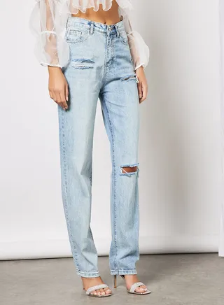 Distressed Detail Straight Fit Jeans Light Blue 