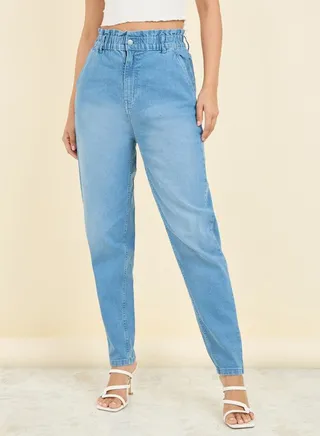Paperbag Waist Mom Fit Jeans with Tapered Hem 