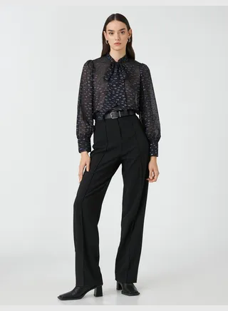 Silvery Chiffon Blouse Shawl Neck Puff Sleeve