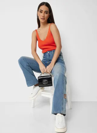 Contrast Stripe High Waist Wide Leg Jeans