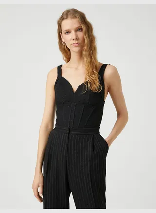 Corset Looking Heart Neck Strappy Crop Tweed Blouse