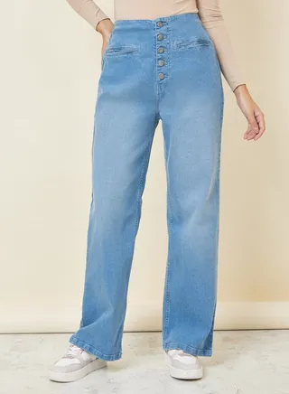 Multi Button Placket Wide Leg High Rise Jeans 