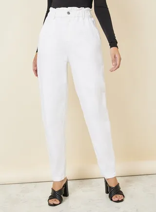 Paper Bag Waist Mom Fit Ankle Length Jeans with Tapered Hem 