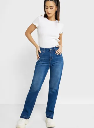 Mid Waist Straight Fit Jeans 