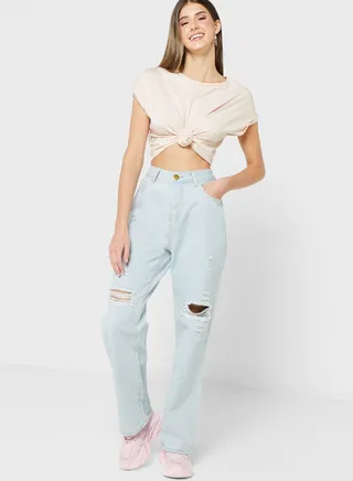 Mom Fit Jeans With Distress Detail 