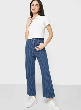 Striped High Waist Straight Jeans 