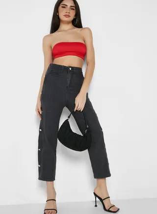 Button Detail Mom Fit Jeans 