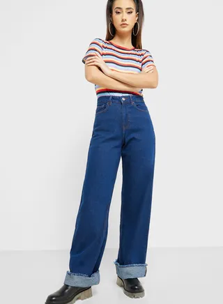 Wide Leg Folded Detail Jeans 