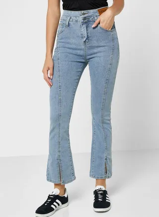 High-Waisted Fitted Jeans With Front Slit