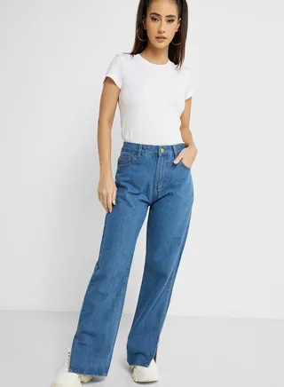 High Waist Slit Hem Jeans