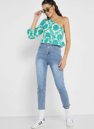 Contrast Detail Ankle Jeans