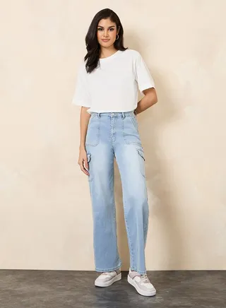 Cargo Pocket Washed Straight Fit Jeans 