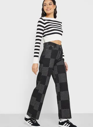 Checker Print Detail Wide Leg Jeans 