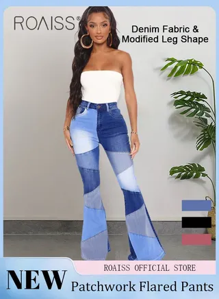 Plus Size Women Denim Pants Patchwork Fabric Wide Leg Flared Trousers Leg Flattering Design Fashionable and Versatile Suitable for School and Commuting 