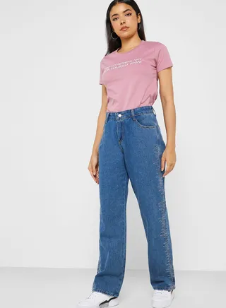 Embroidered High-Waisted Straight Jeans 